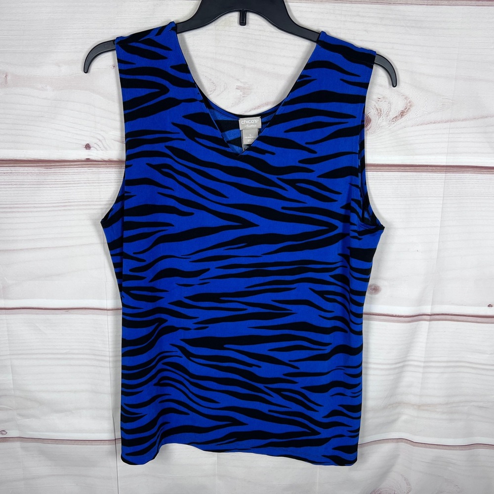 Chico's Tank Women 4 XXL Blue Travelers Essentials Zebra Print Top Reversible